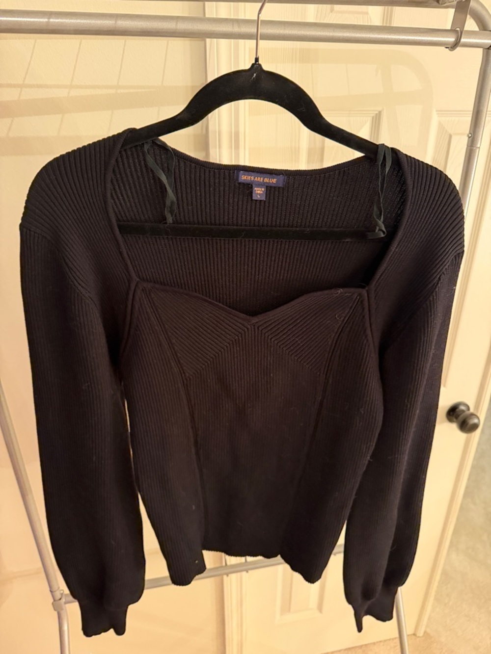 Skies Are Blue Black Ribbed Square Neck Long Sleeve Top